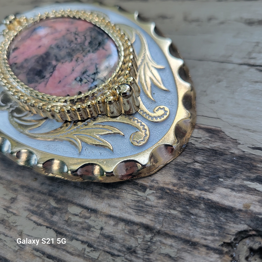 Western Themed Belt Buckle With Oval Rhodonite Stone In The Center - Picture 5 of 8